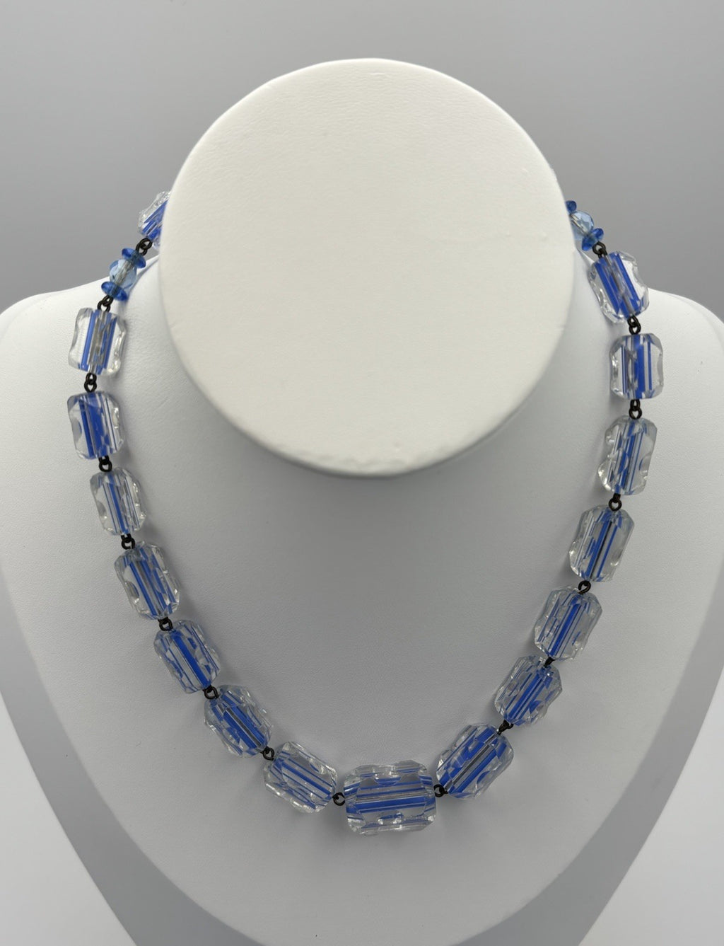 Vintage Czech Blue Glass Bead Necklace Striped Bohemian Mid Century Jewelry
