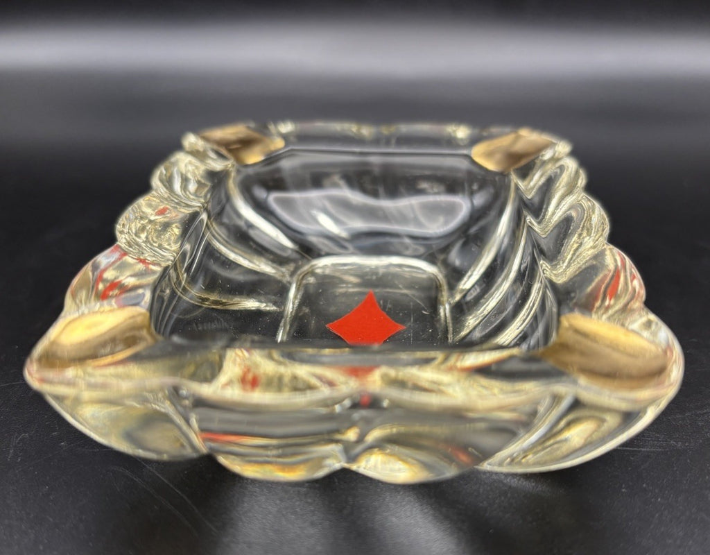 Mid Century Glass Ashtray Gold Tone Corners Red Diamond Trinket Dish