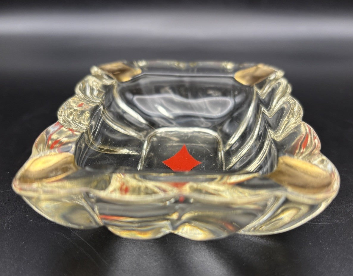 Mid Century Glass Ashtray Gold Tone Corners Red Diamond Trinket Dish