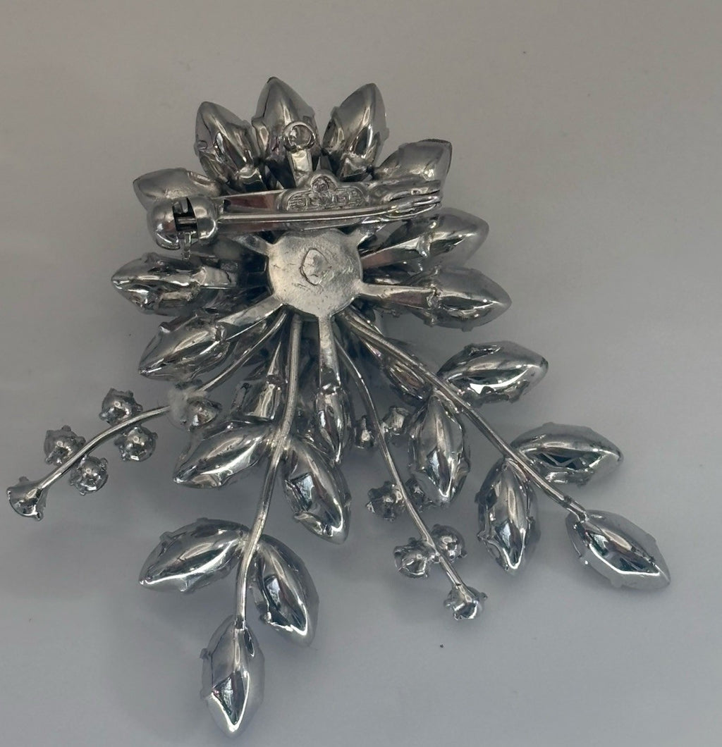 Vtg JewelCrest Brooch Donald Simpson Signed Clear Rhinestones Silver Tone