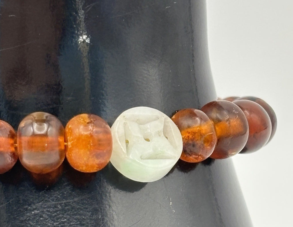 Vintage Amber Bead Bracelet Carved Jade Centerpiece Mid Century Retro