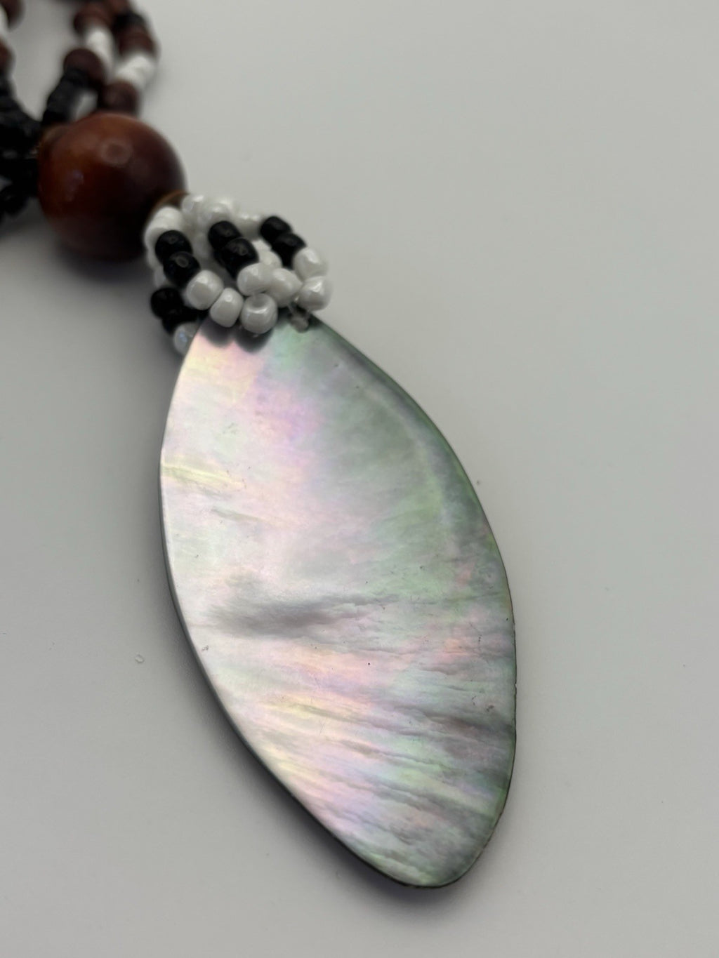 Tribal Shell Pendant Necklace Cowrie Style Beaded Black Brown White Boho Jewelry