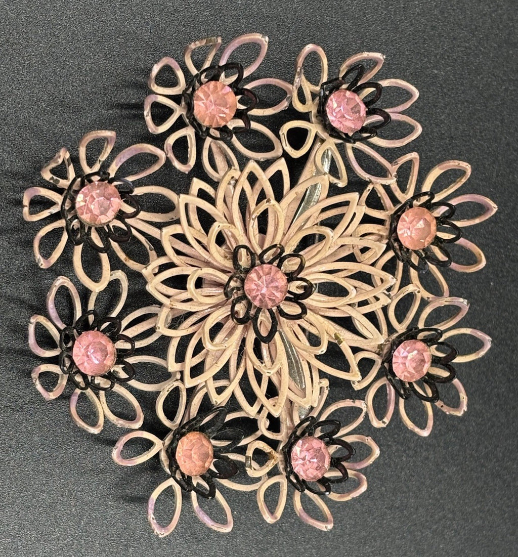Vintage Kramer Brooch Pink Enamel Flower Openwork Rhinestone Signed