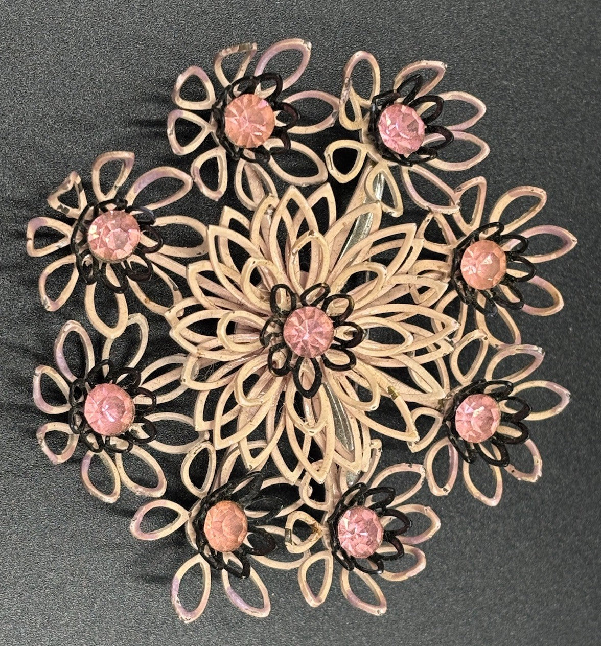 Vintage Kramer Brooch Pink Enamel Flower Openwork Rhinestone Signed