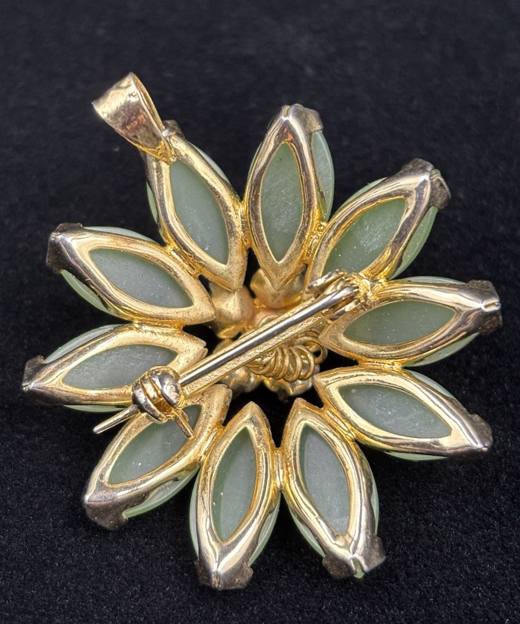 Vintage Jade Green Floral Brooch Gold Tone Statement Cluster Pin