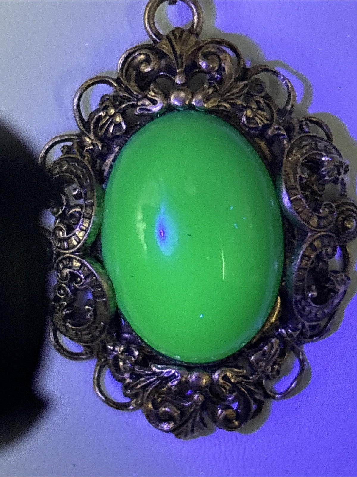 Antique Czech Uranium Glass Pendant Art Nouveau Brass Filigree Gold Filled
