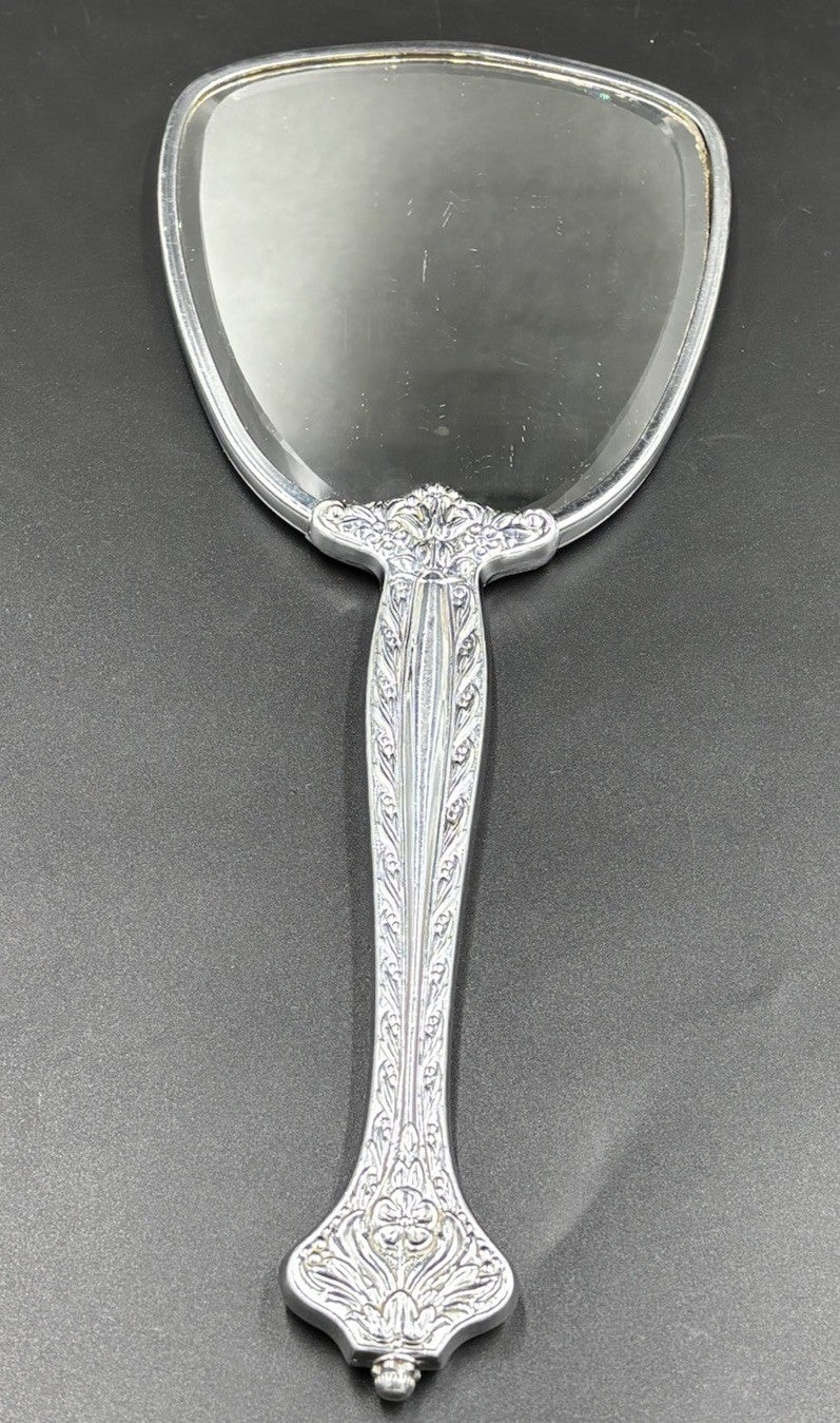 Vintage Vanity Brush & Hand Mirror Set Floral Silver Tone Mid Century