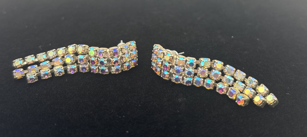 Vintage AB Rhinestone Dangle Earrings Mid Century Sparkle Waterfall Drops