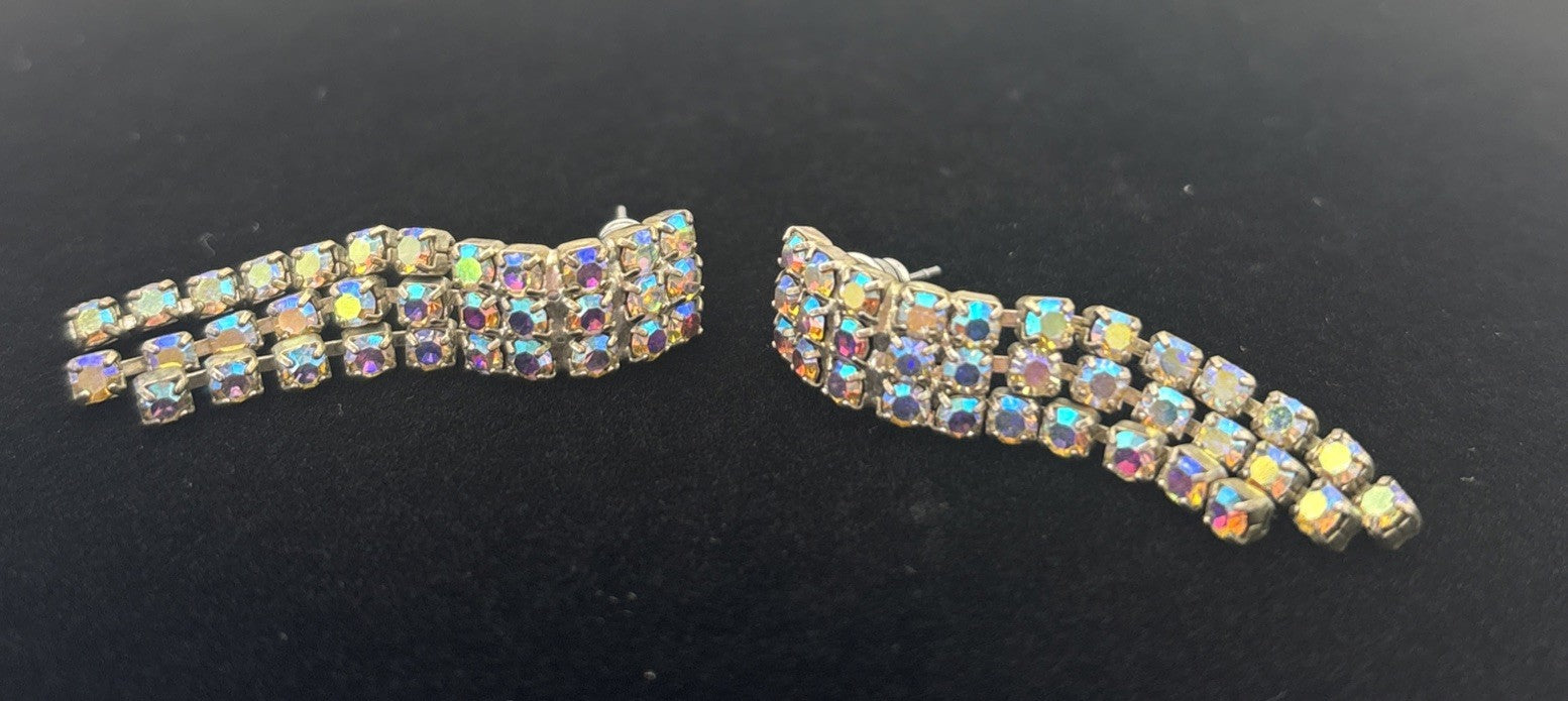 Vintage AB Rhinestone Dangle Earrings Mid Century Sparkle Waterfall Drops