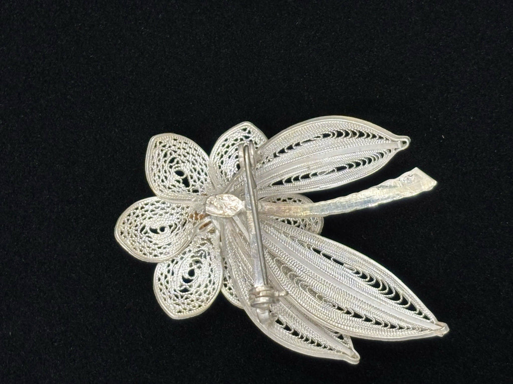 Vintage European Silver Filigree Flower Brooch Faux Pearl Centre