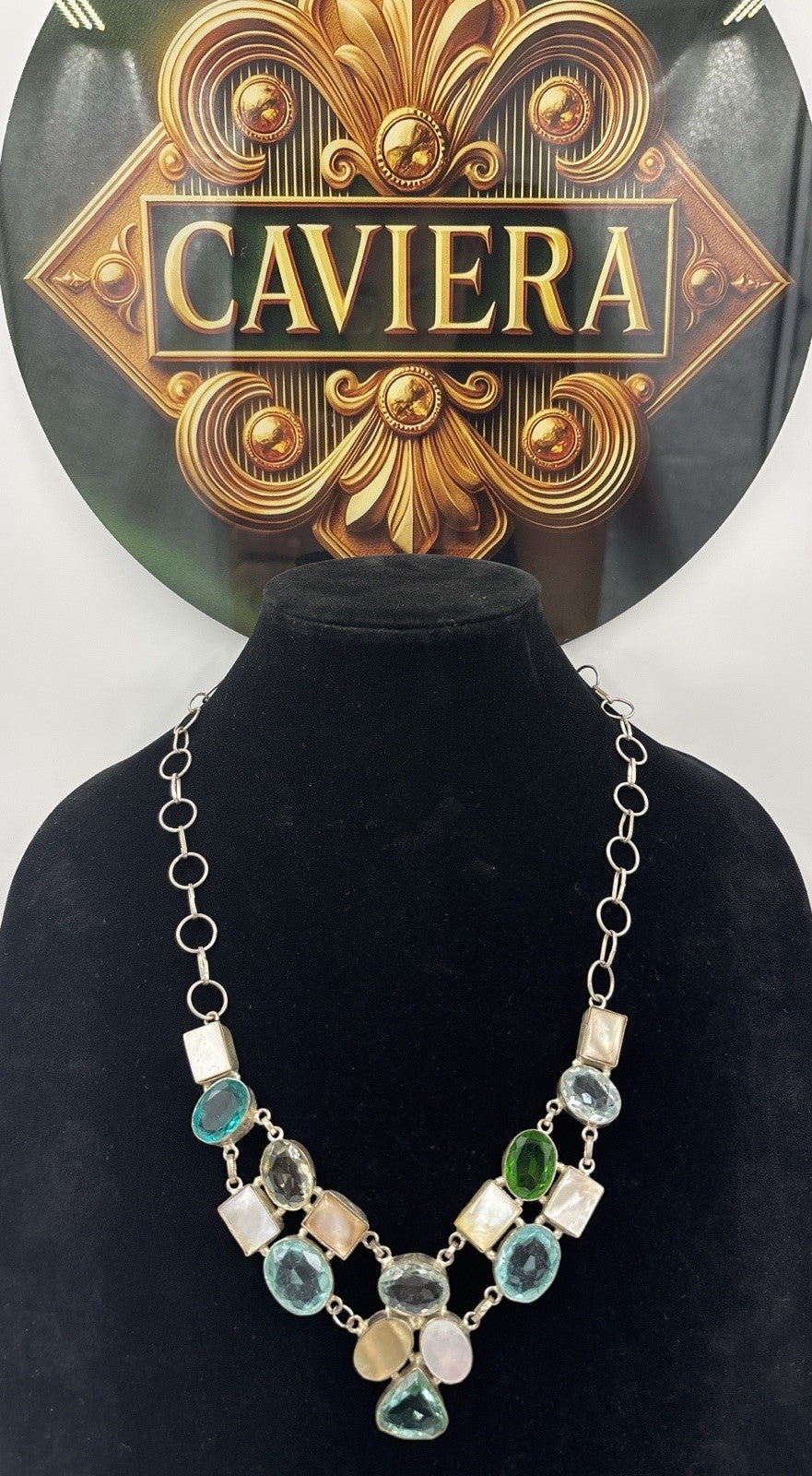 Artisan Multi Stone Bib Necklace Aqua Teal Green Glass Mother of Pearl Handmade
