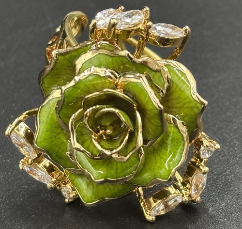 Vintage green enamel rose statement ring, top view