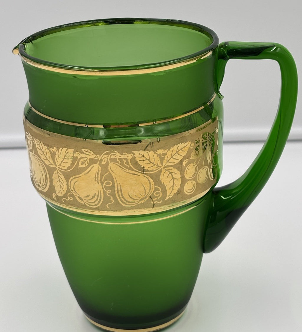 Vintage 1950s Bohemian Green Glass Pitcher & Tumbler Set Gold Fruit Band 5pc