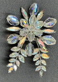 Vtg 1950s Aurora Borealis Crystal Spray Brooch Mid Century Silver Tone Floral
