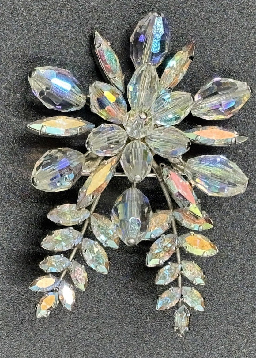 Vtg 1950s Aurora Borealis Crystal Spray Brooch Mid Century Silver Tone Floral