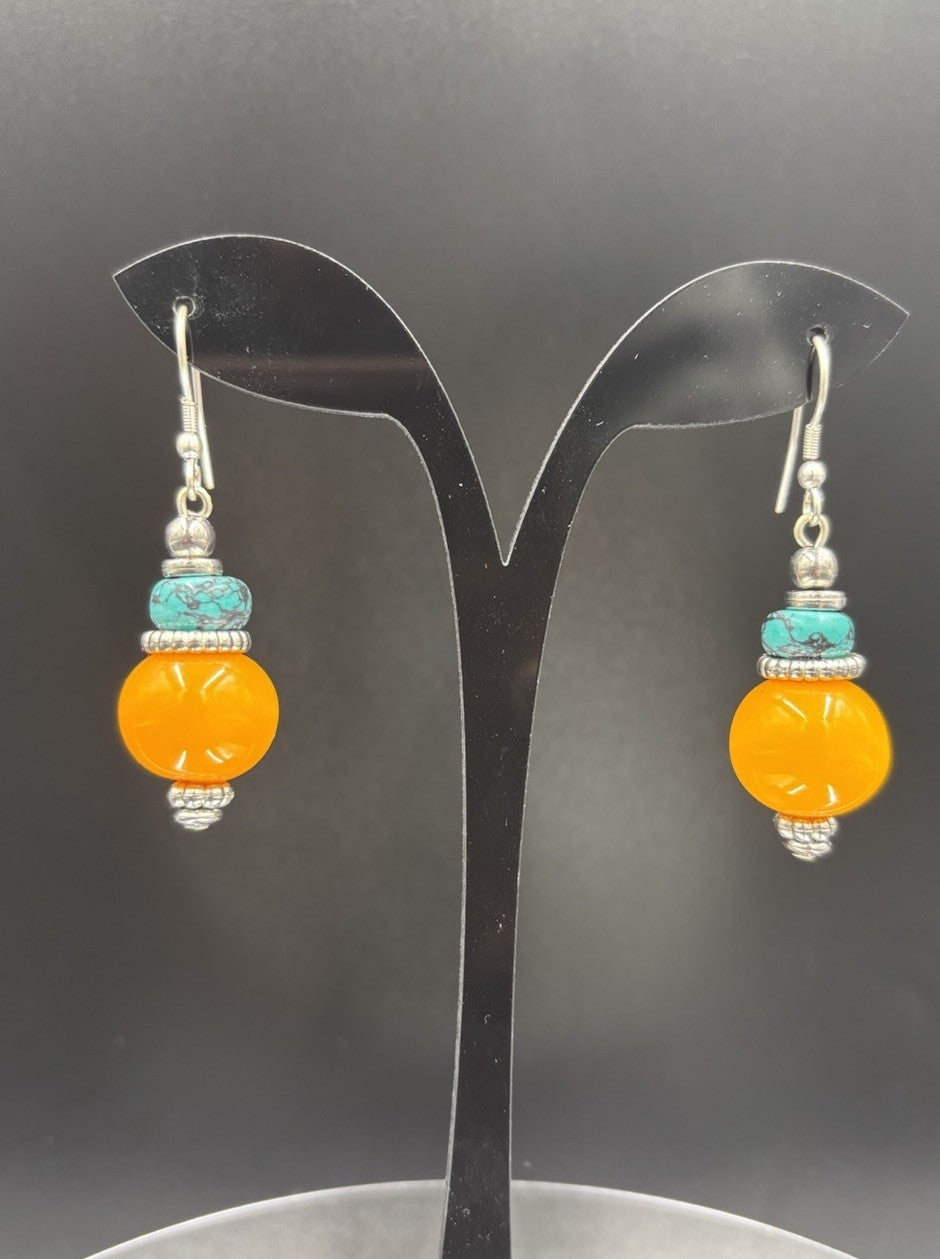 Vintage Boho Dangle Earrings – Faux Amber & Turquoise Beads, Tribal Silver Tone