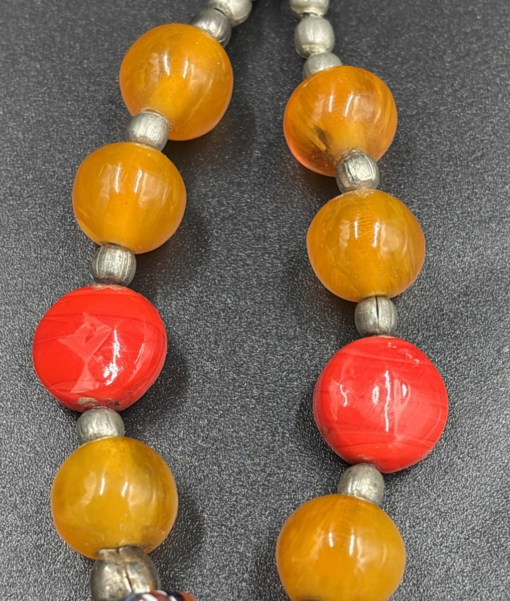 Rare Antique Berber Necklace Carved Bovine Bone Red Beads Tribal Millefiori