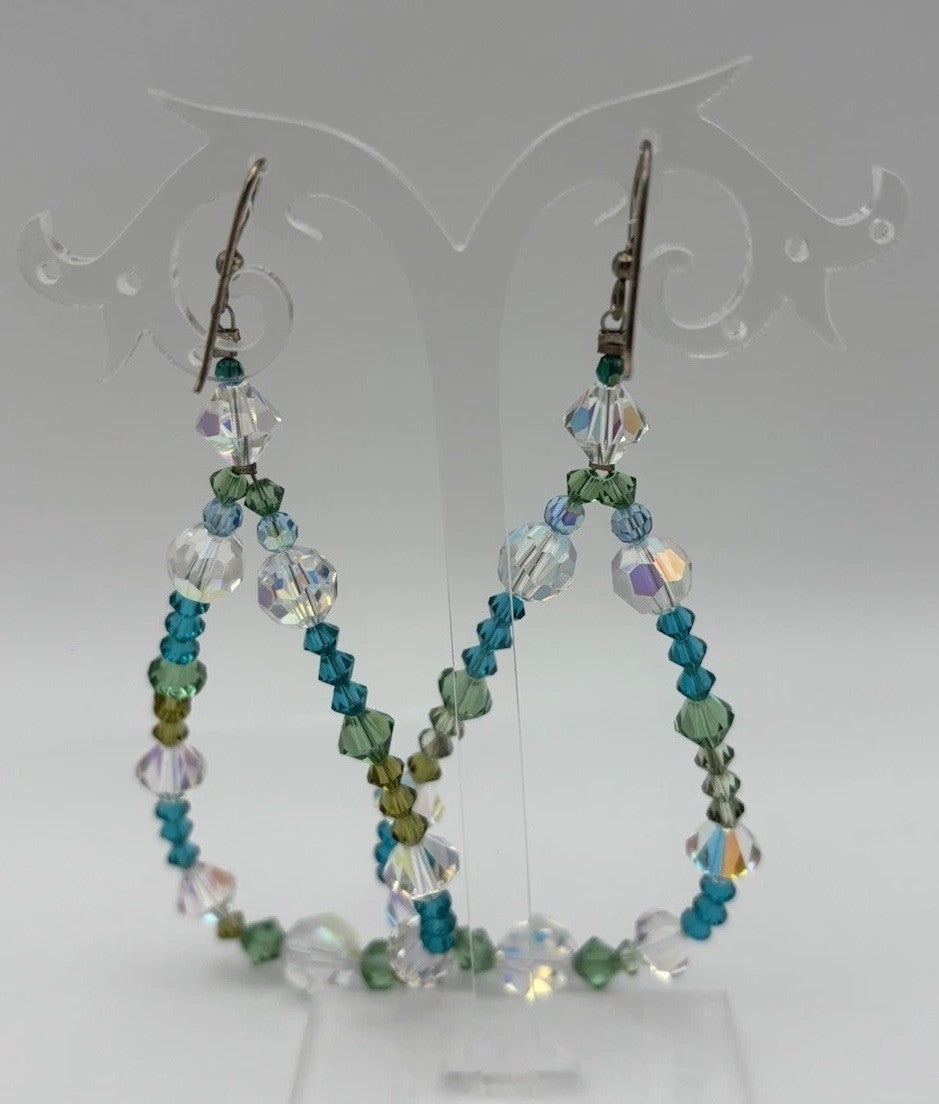 Vintage Sterling Silver Blue Green AB Crystal Dangle Earrings Austrian Crystal