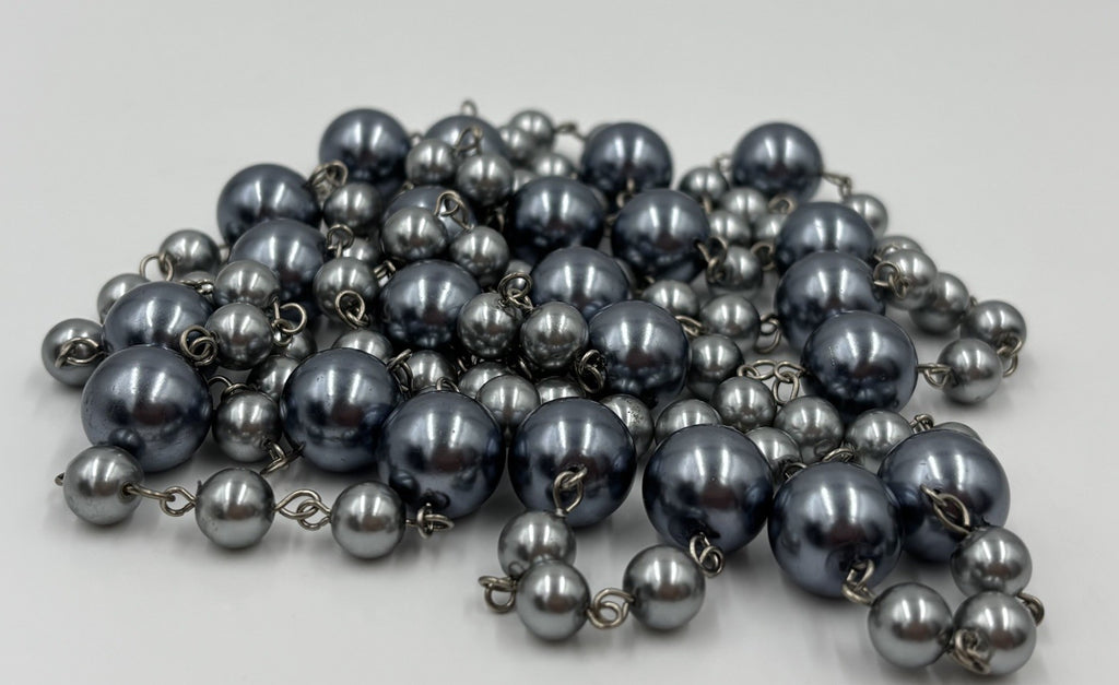 Vintage Silver Grey Faux Pearl Long Necklace Bracelet Set Statement