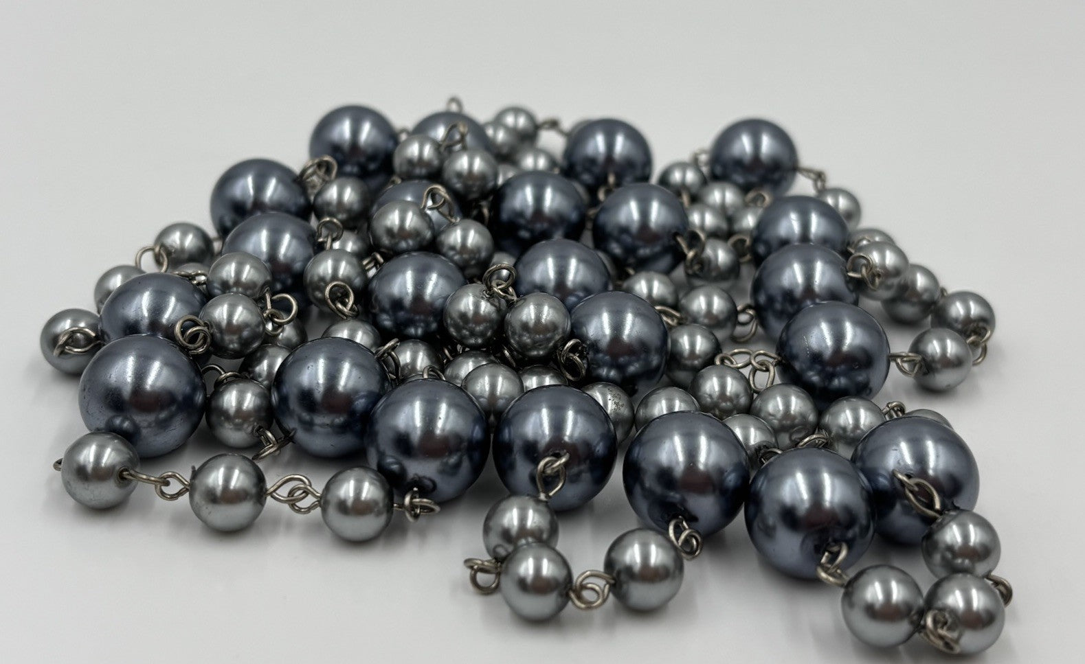 Vintage Silver Grey Faux Pearl Long Necklace Bracelet Set Statement