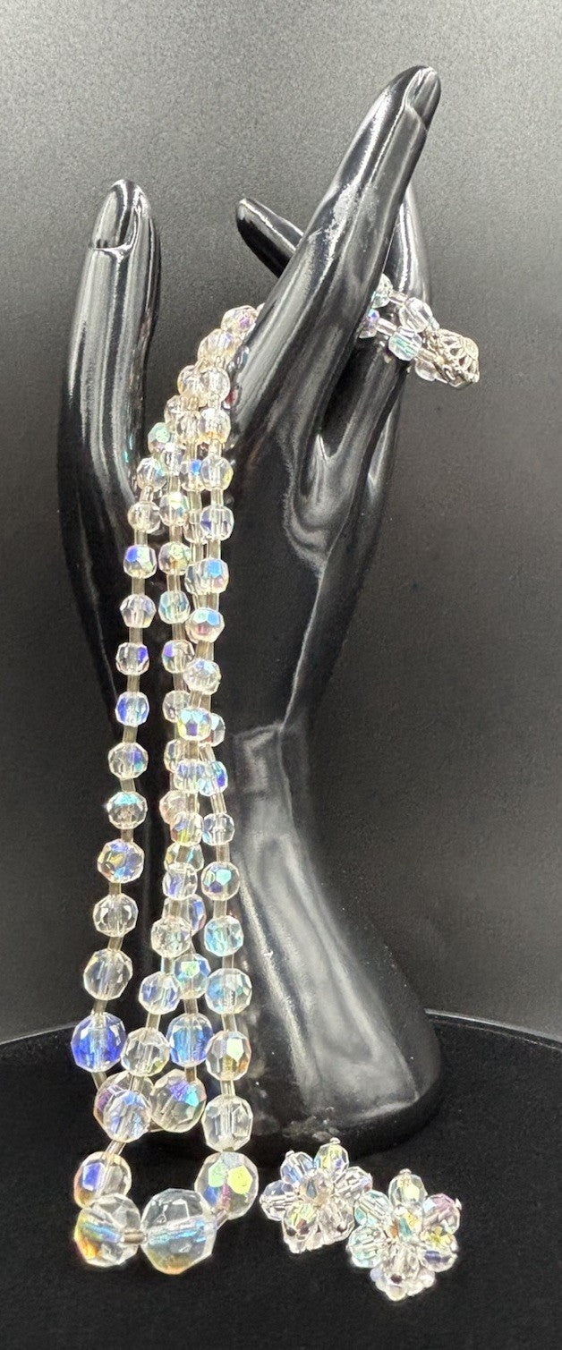 Vintage Aurora Boris Faceted Crystal AB Necklace & Earrings Set