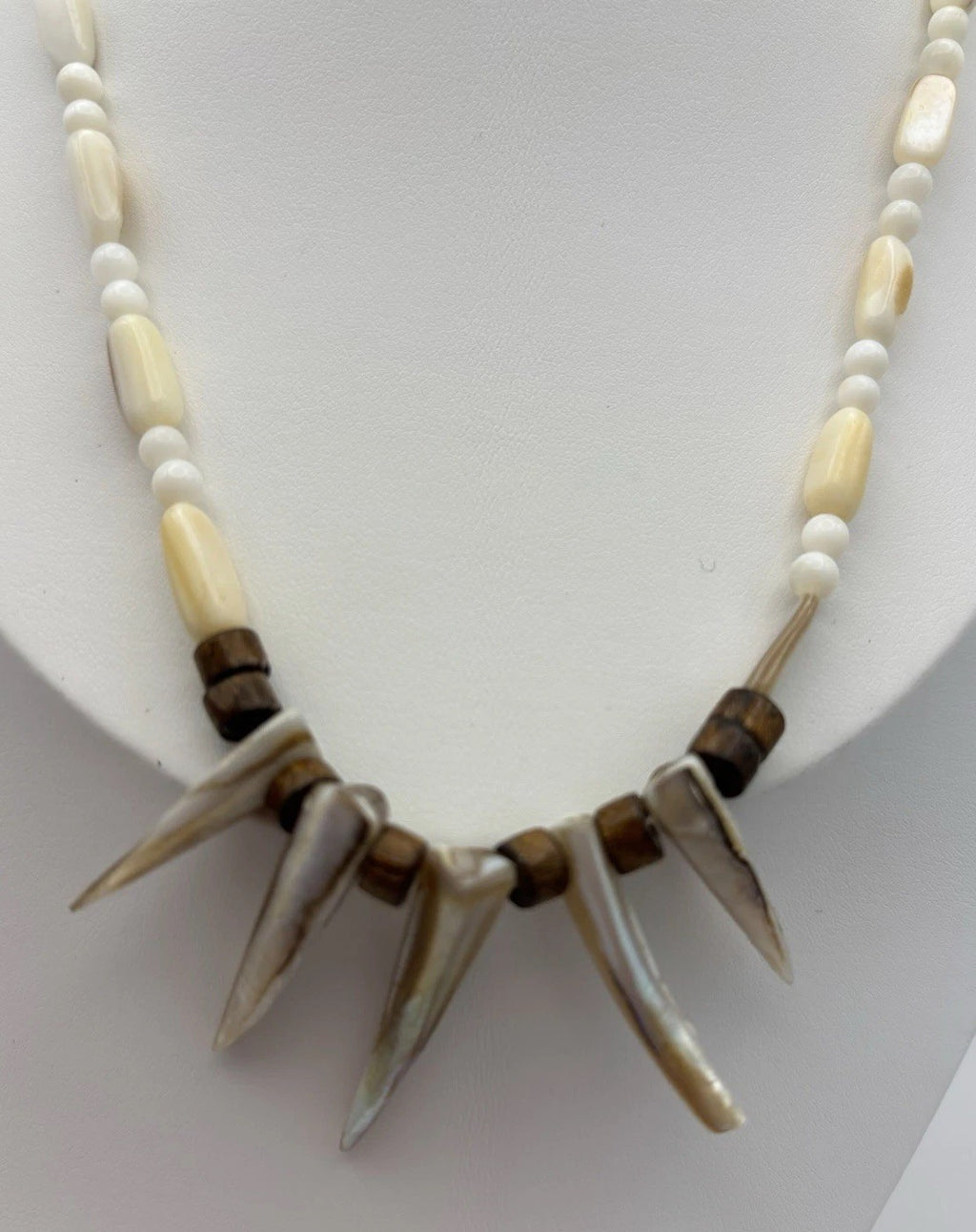Vintage Tribal Style Necklace & Earrings Set Natural Shell & Wood Beads