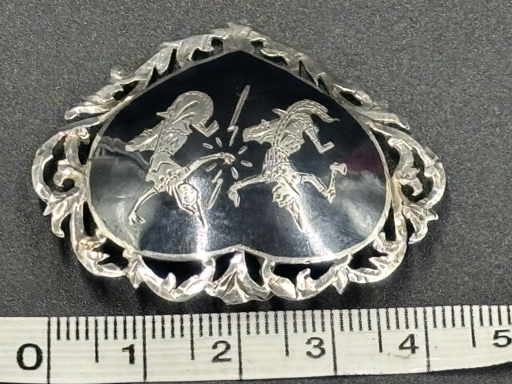 Antique Siam Sterling Silver Heart Brooch Mythological Figures 1920s