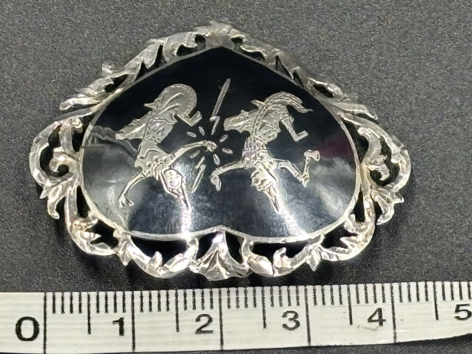 Antique Siam Sterling Silver Heart Brooch Mythological Figures 1920s