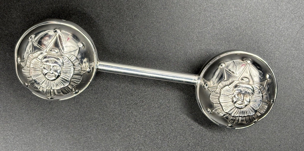 Antique Silver Baby Rattle Celestial Sun Face Repoussé