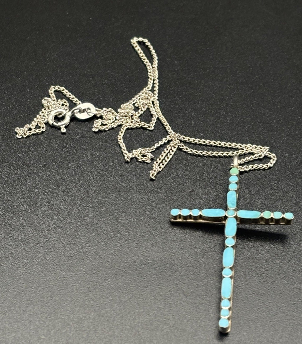 Vintage Sterling Silver Turquoise Inlay Cross Necklace 925 Chain