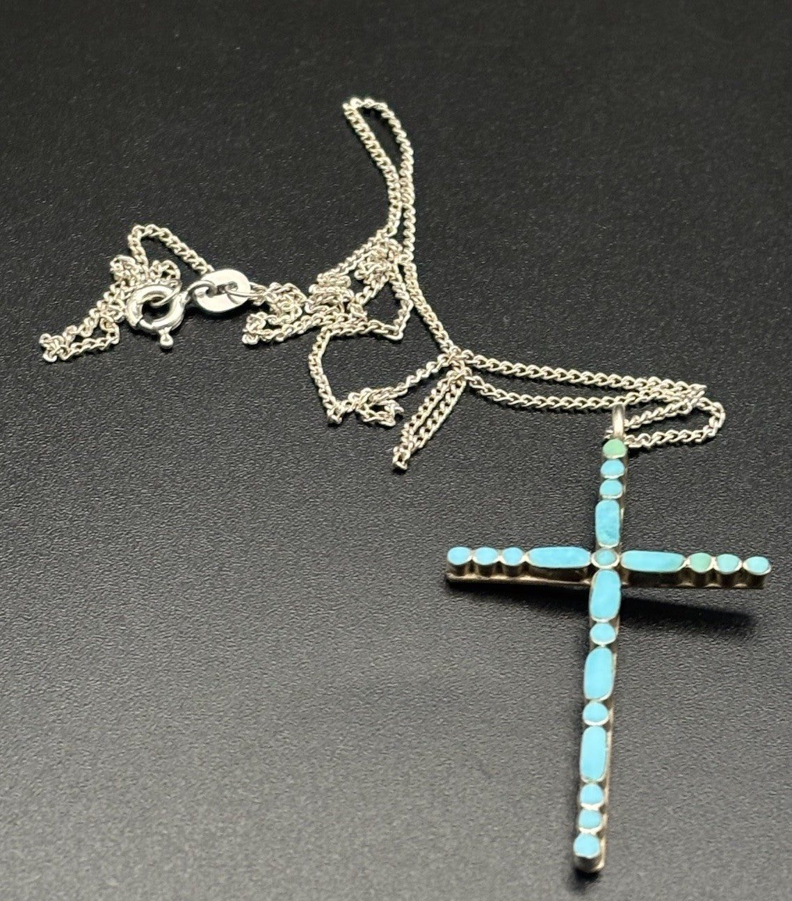 Vintage Sterling Silver Turquoise Inlay Cross Necklace 925 Chain