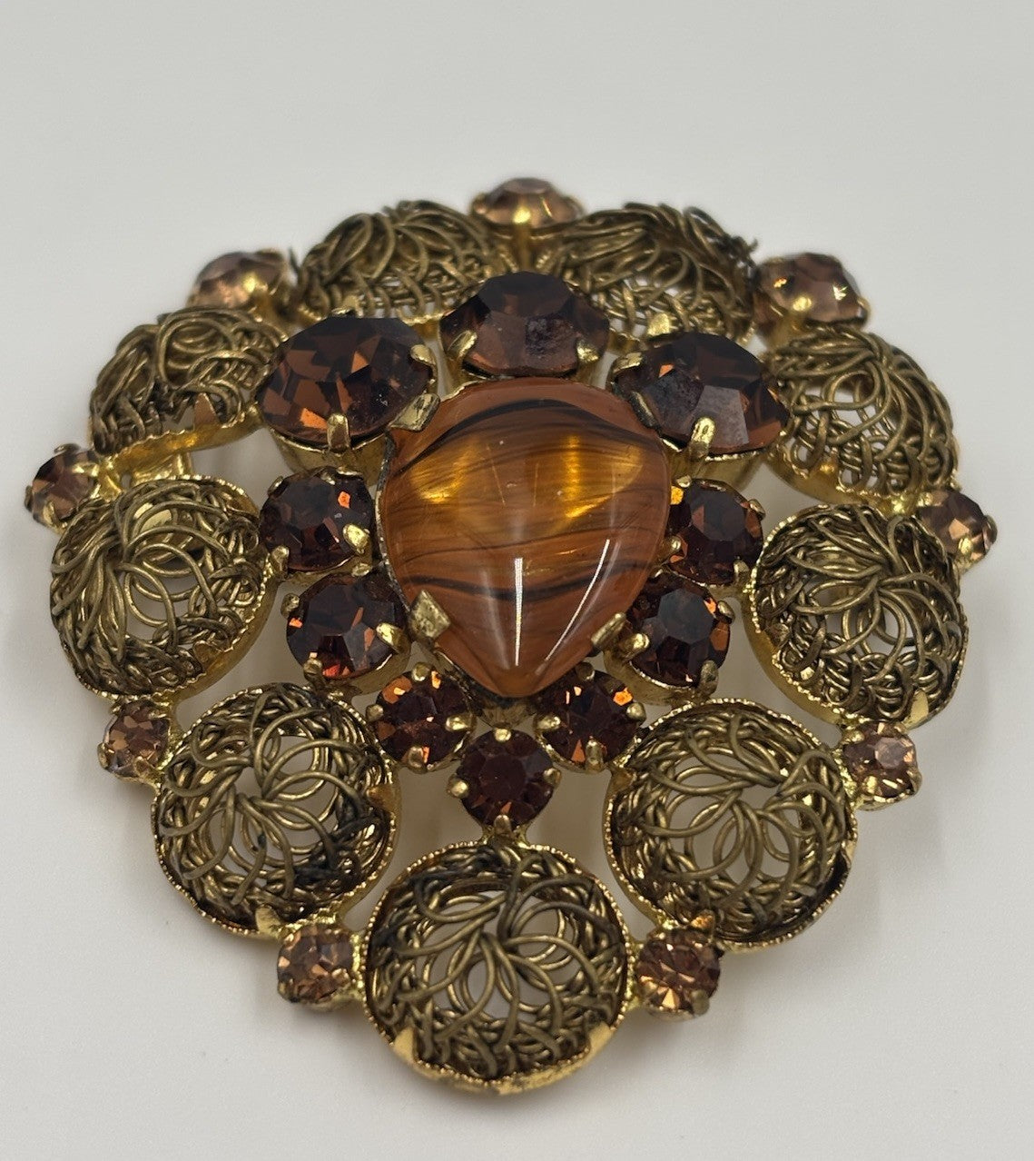 Vintage West German Style Brooch Amber Glass Rhinestone Filigree Gold Tone