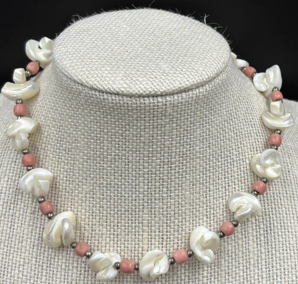 Vintage Baroque Pearl and Pink Coral Bead Necklace Organic Shell Design Jewelry