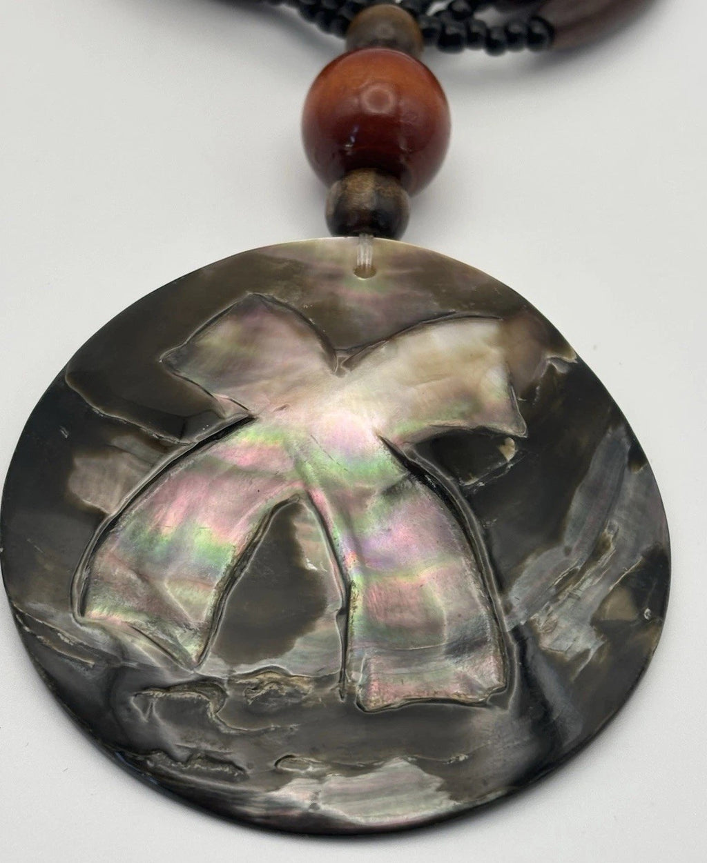 Tribal Shell Pendant Necklace Carved X Design Beaded Wood Black Boho Jewelry