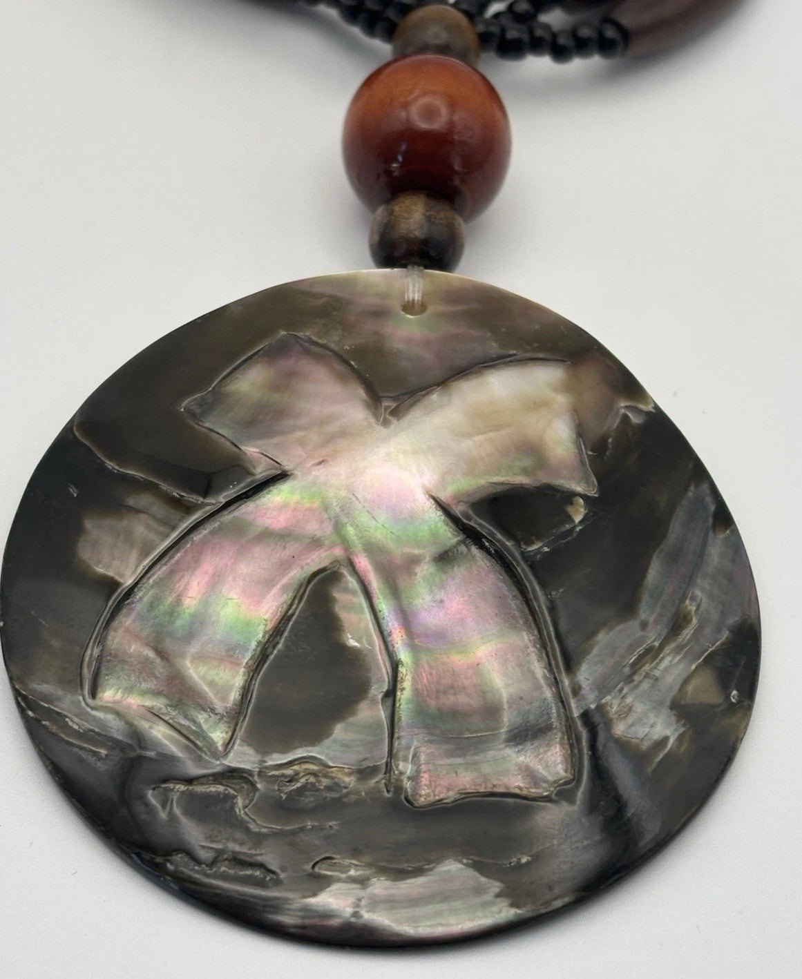 Tribal Shell Pendant Necklace Carved X Design Beaded Wood Black Boho Jewelry