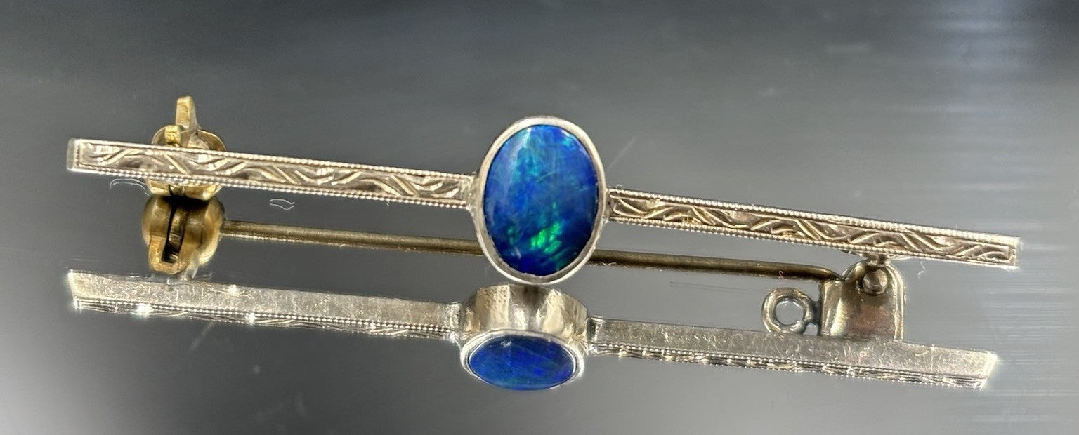 Vintage Sterling Silver Opal Bar Brooch Blue Green Fire Cabochon Mid Century Pin