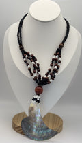 Vintage Boho Necklace Abalone Shell Pendant Beads Wood Black White Jewelry