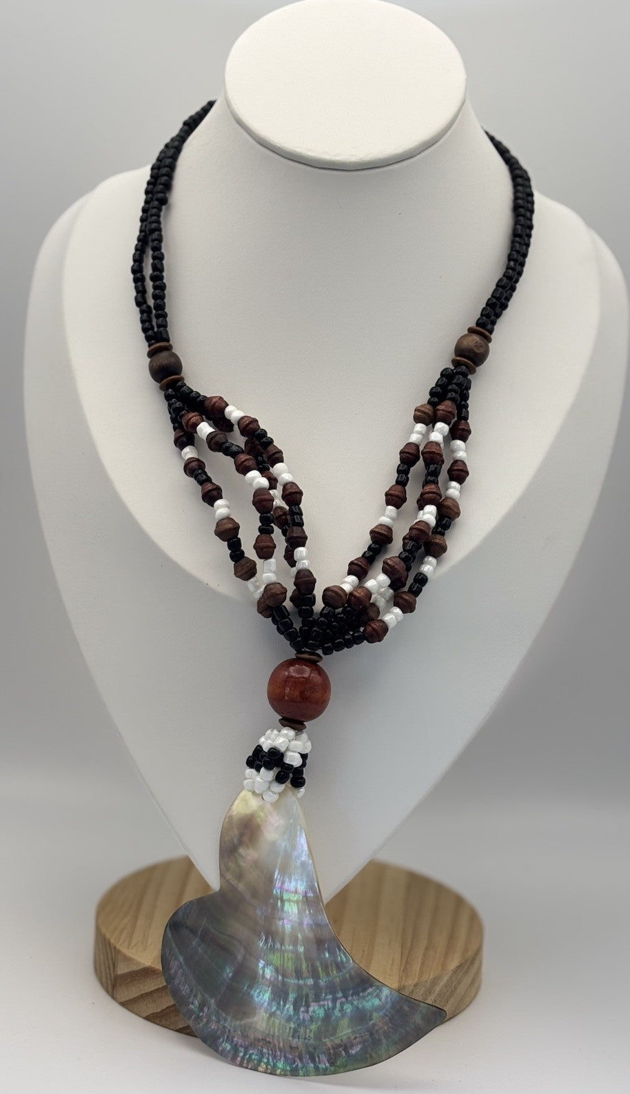 Vintage Boho Necklace Abalone Shell Pendant Beads Wood Black White Jewelry