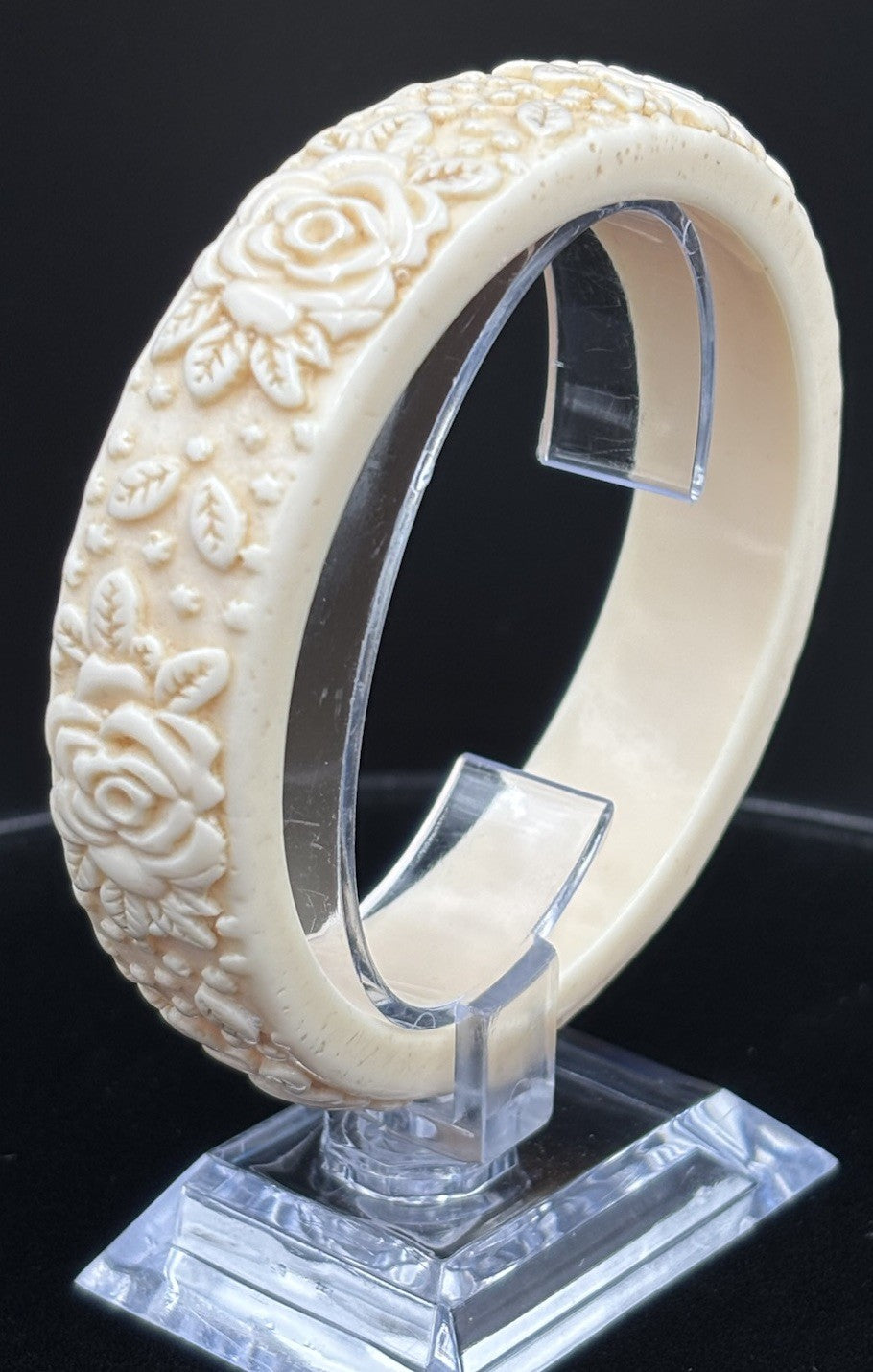 Vintage Carved Floral Cream Tone Bangle Early Plastic Celluloid Era