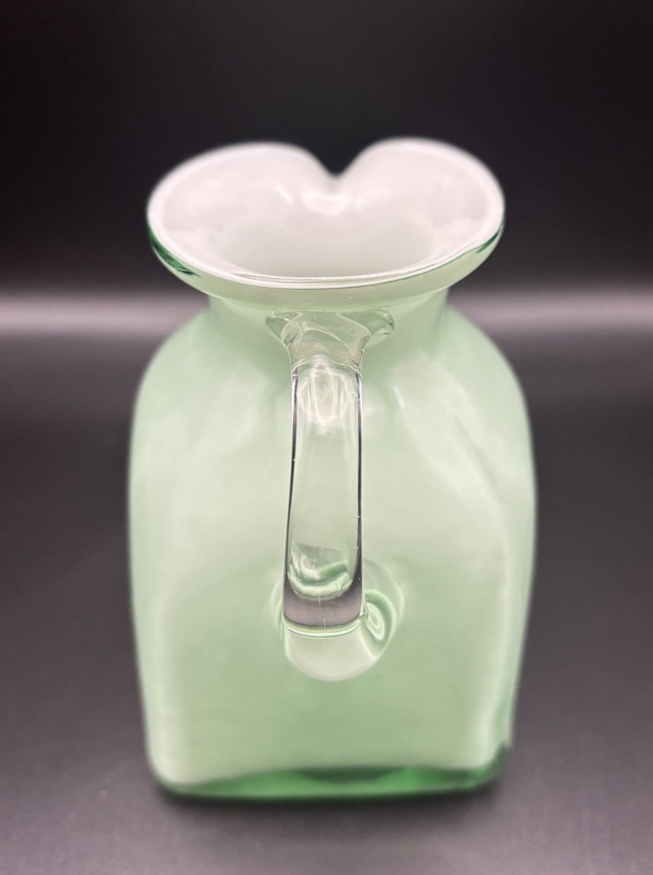Vintage Mint Green Cased Art Glass Jug Opaline Square Form Milk Glass Pitcher