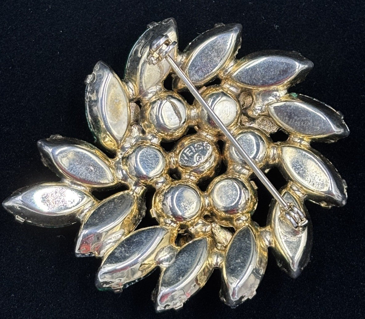 Vintage Weiss Green Rhinestone Brooch Signed Floral Cluster 1950s Jewelry