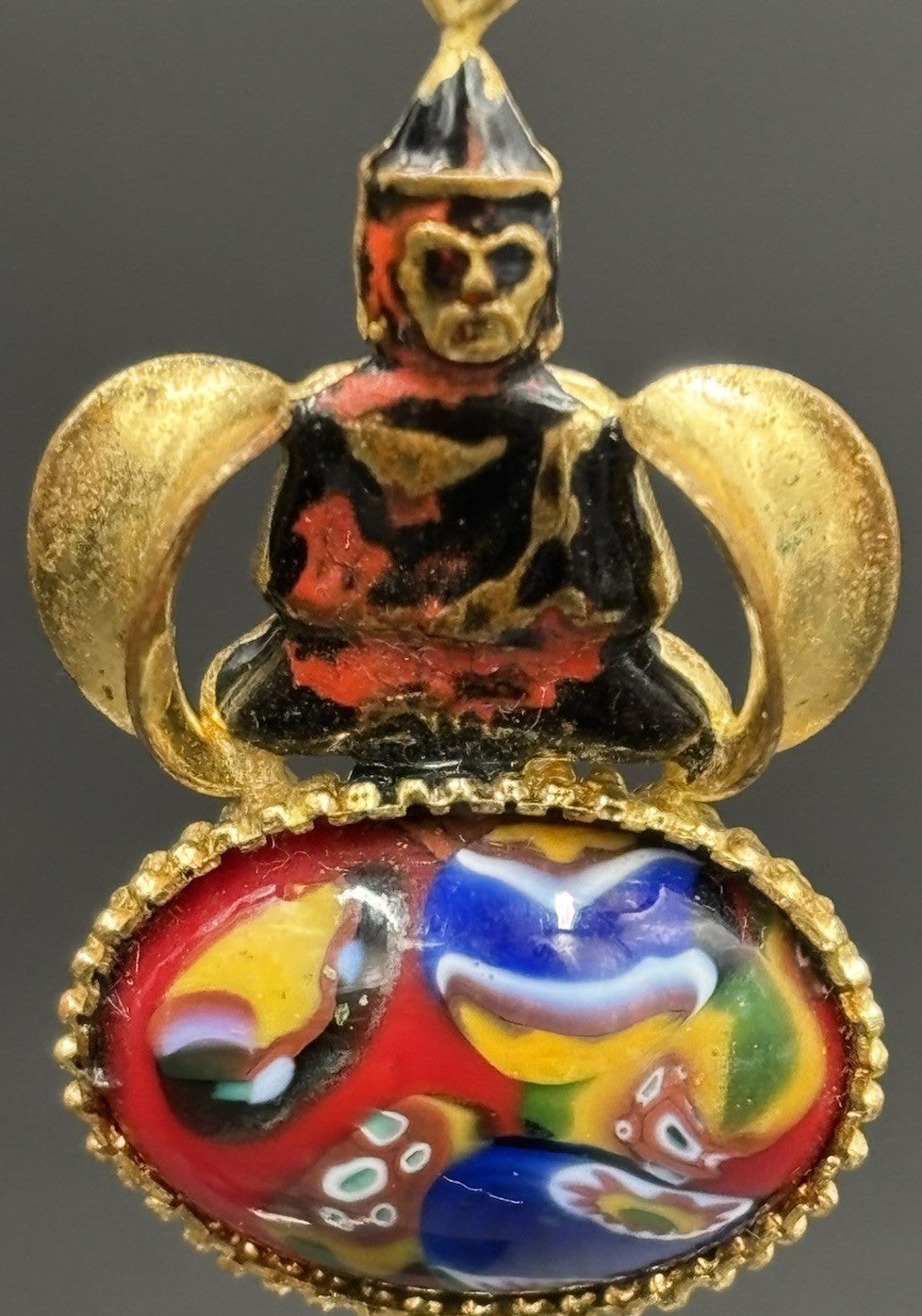 Vintage Millefiori Glass Dangle Earrings Buddha Figure Colourful Art Glass