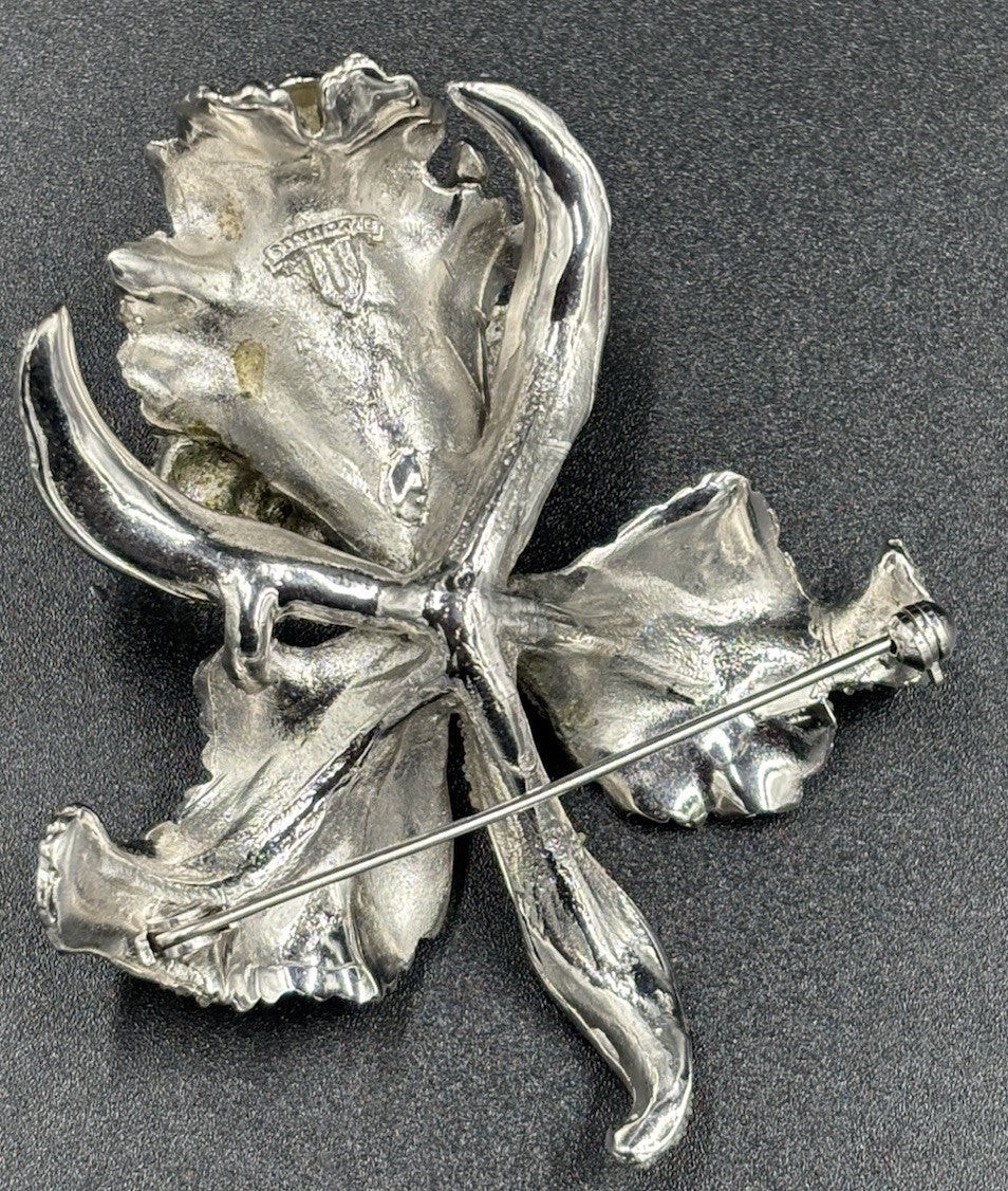 Vtg Arcasas Elizabeth Reimer Coralene  Frosted glass 3D Orchid Brooch Silver T