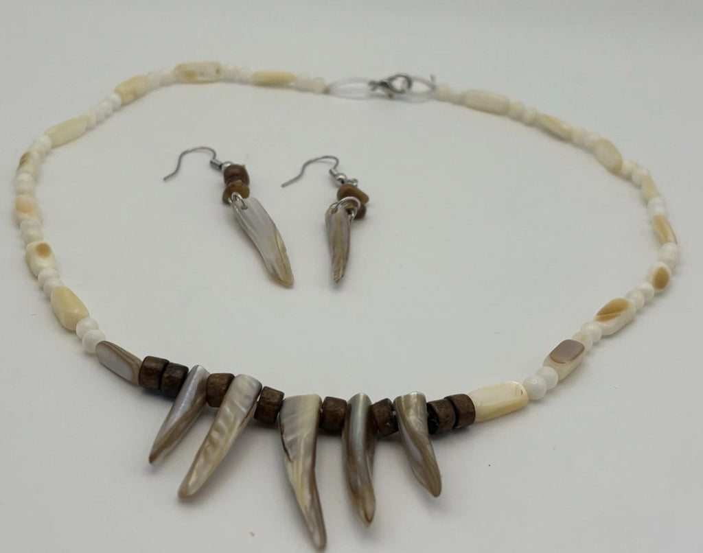 Vintage Tribal Style Necklace & Earrings Set Natural Shell & Wood Beads