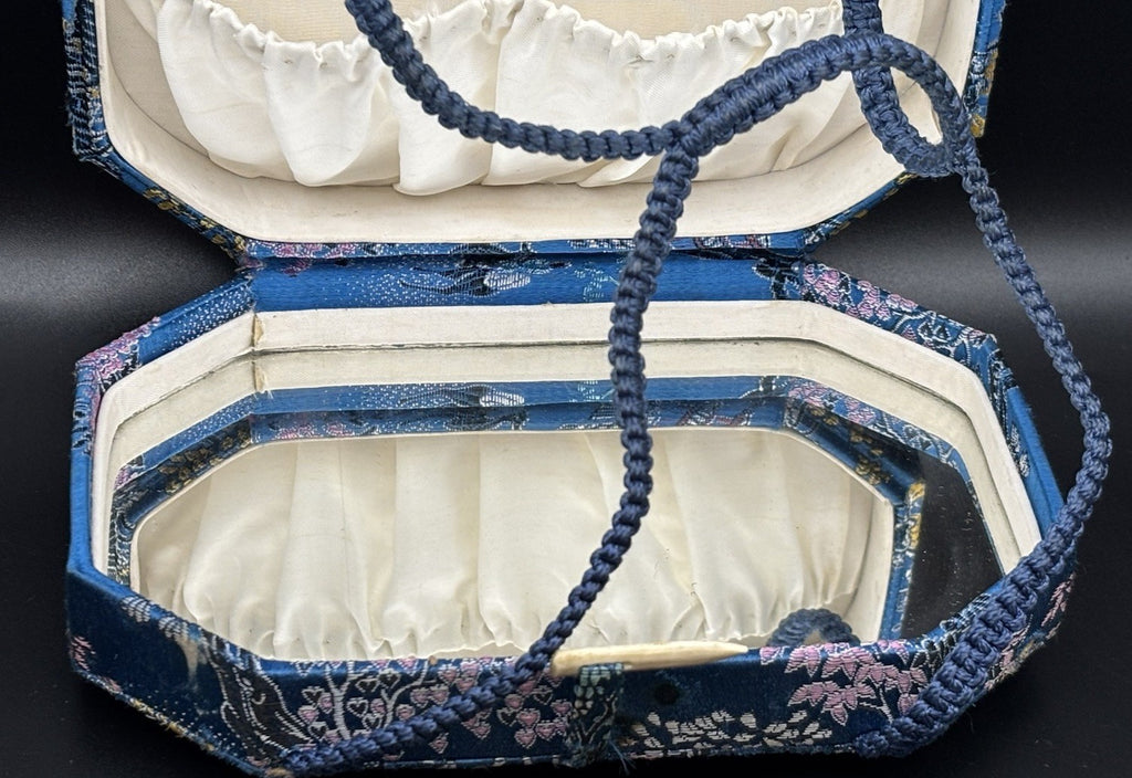 Vintage Chinese Silk Brocade Vanity Box Purse Mirror Case Scenic Motif Blue