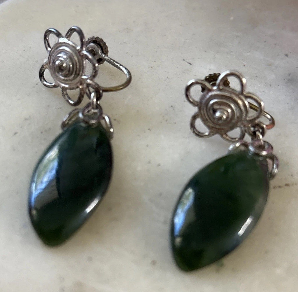 Vintage Silver Nephrite Jade Earrings Screw Back Floral Drop Jewelry 1950s