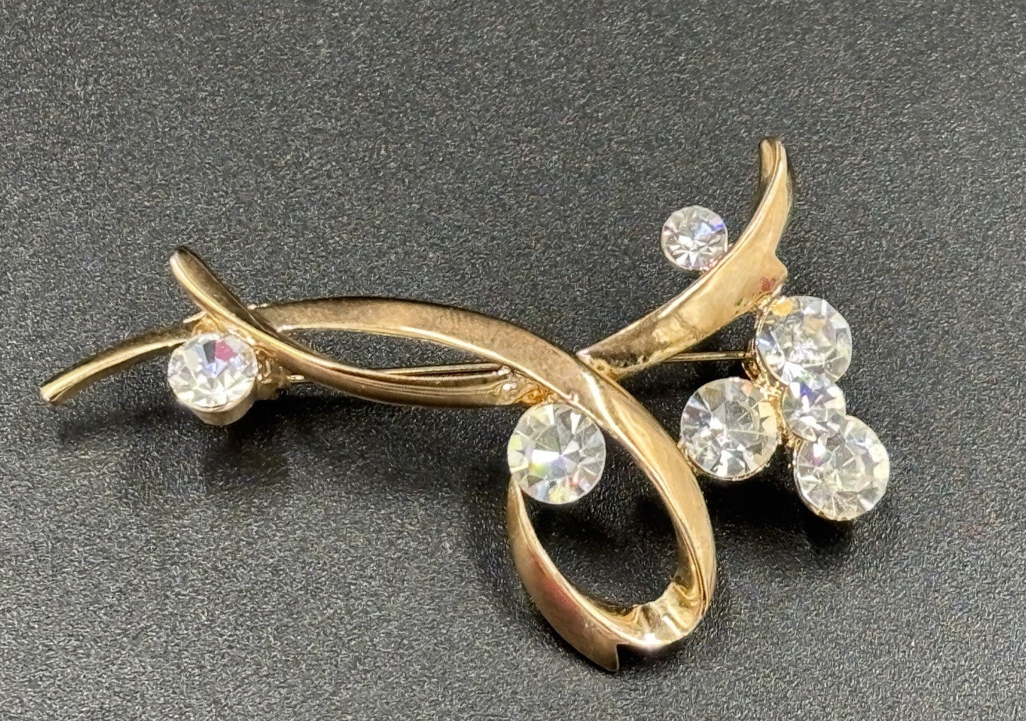 Vintage 1950s Gold Tone Rhinestone Floral Spray Brooch Mid Century