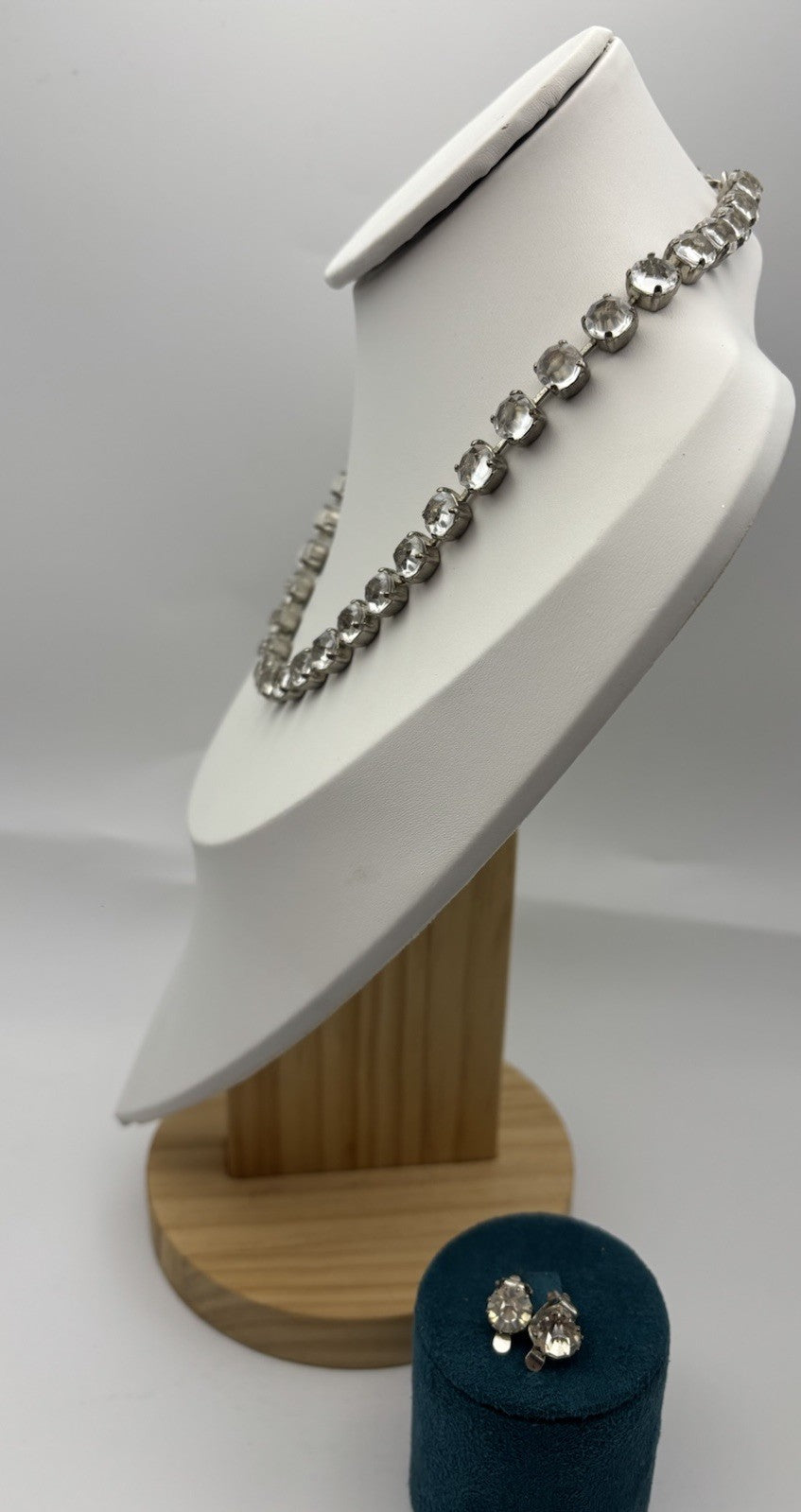 Vintage Mid Century Clear Rhinestone Necklace with Matching Clip Earrings Set