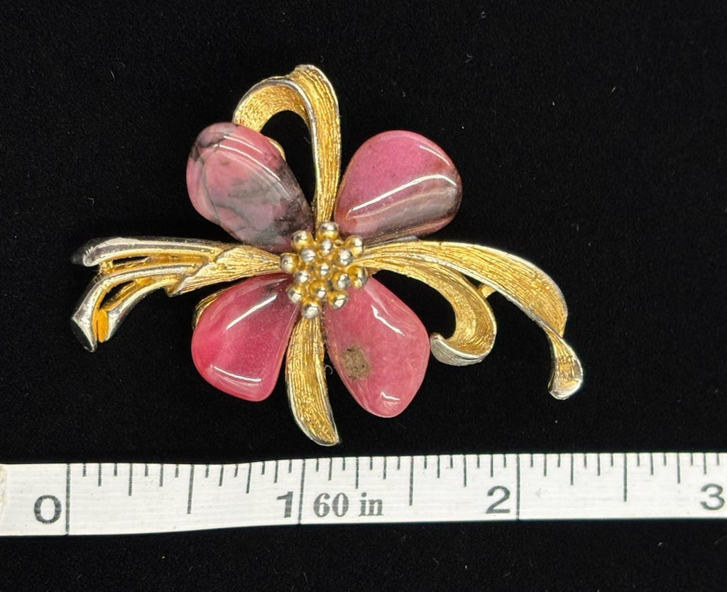 Vintage SFJ Brooch – Pink Marquise Glass, Gold Tone Floral Design