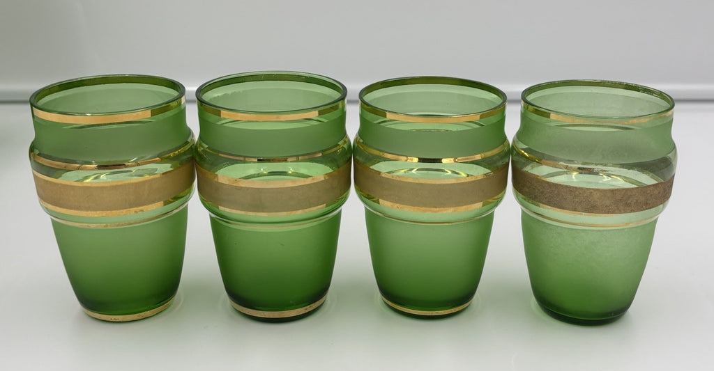 Vintage 1950s Bohemian Green Glass Pitcher & Tumbler Set Gold Fruit Band 5pc
